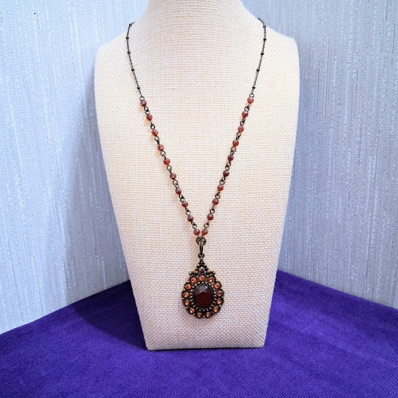 Avon Jewelry - Vintage Avon Victorian Revival Necklace Honey Amber Toned Stone Teardrop Beaded